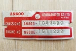 Honda AN600 Early 1970'S Vintage Data Plate Badge Chassis Engine Number Oem. Fixed Price $49.95.